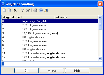 MVA/AVGIFTSREGISTERET MVA/AVGIFTSREGISTERET Redigering av avgiftskoder er begrenset til endring av eksisterende koder.
