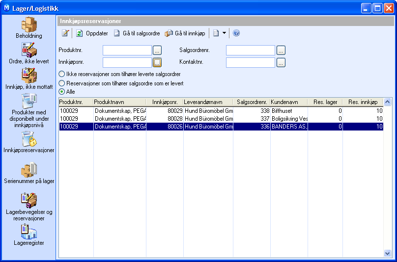 LAGER Innkjøpsreservasjoner Innkjøpsreservasjon betyr at du for en kunde (salgsordre) har reservert ett eller flere produkter på ett eller flere innkjøp fra leverandør.