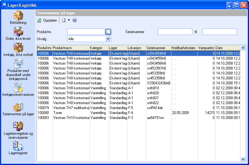 OM LAGERMODULEN Serienummer på lager Denne listen viser produkter på lager som er tilknyttet Serienummer og/eller Holdbarhetsdato og/eller Varepartinummer.
