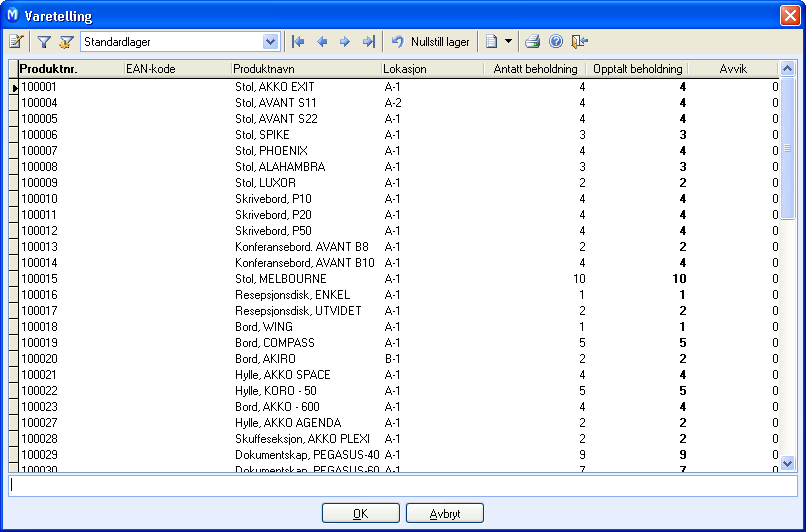 LAGER VARETELLING Varetelling er den eneste funksjonen i programmet der det er anledning til å endre varebeholdningen direkte. En varetelling korrigerer antall på lager.