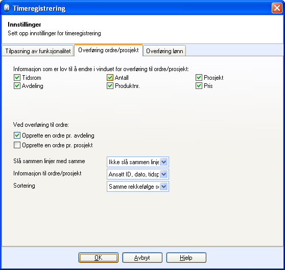 LØNN OG PERSONAL Overføring ordre/prosjekt I dette fanekortet merker du av hvilken informasjon som skal være lov å endre i vinduet for overføring til ordre/prosjekt.