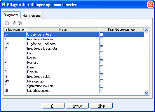 BILAGSREGISTRERING CTRL+R ESC Space (mellomrom) Åpner valutaregisteret. Lukker kontolisten dersom den er åpen. Åpner nedtrekkslisten der det finnes (som ved avdeling, prosjekt etc.). Bilagsarter Regnskapsmodulen er forhåndsoppsatt med 12 forskjellige bilagsarter.