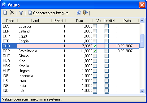 REGNSKAP VALUTA Valutaregisteret består av en liste med alle registrerte valutaer, med valutakurser. Programmet regner ut priser på produkter i henhold til kursene som legges inn i valutaregisteret.