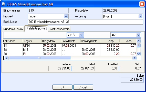 RESKONTRO Rentebeløp viser beløpet på rentefakturaen som er sendt ut. Fanekortet Relaterte poster Dette fanekortet vises kun dersom du har poster som er relatert til posten du redigerer.