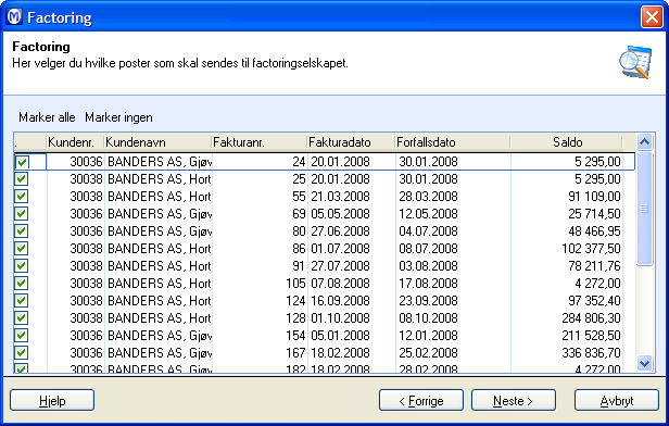 REGNSKAP Slik genererer du en factoringfil 1. Sett ønsket utvalg for å begrense antall fordringer som blir foreslått til factoring.