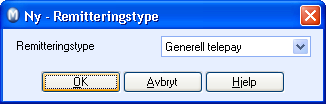 REGNSKAP 2. Klikk Innstillinger-knappen til høyre for avmerkingsboksen Bedriften benytter remittering (elektronisk utbetaling). 3..Klikk Ny, velg Remitteringstype og klikk OK.