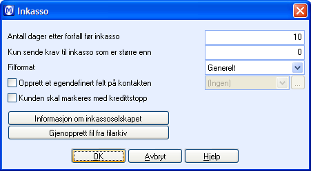 BETALINGSOPPFØLGING Innstillinger for Inkasso.Du kan åpne innstillingene for inkasso via veiviseren for inkasso i kundereskontro, eller via menyen Vis - Innstillinger - Regnskap - Reskontro.