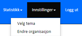 5. Innstillinger Når du trykker på denne knappen vil du få 2 valg; 1. Endre organisasjon - Her kan du endre informasjonen om din organisasjon 2. Velg Tema - Her kan du endre fargene på nettsiden. 6.