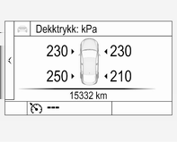 214 Pleie av bilen Dekktrykkverdien som vises i førerinformasjonsdisplayet, viser det faktiske dekktrykket. Et nedkjølt dekk vil vise en redusert verdi, noe som ikke indikerer en luftlekkasje.