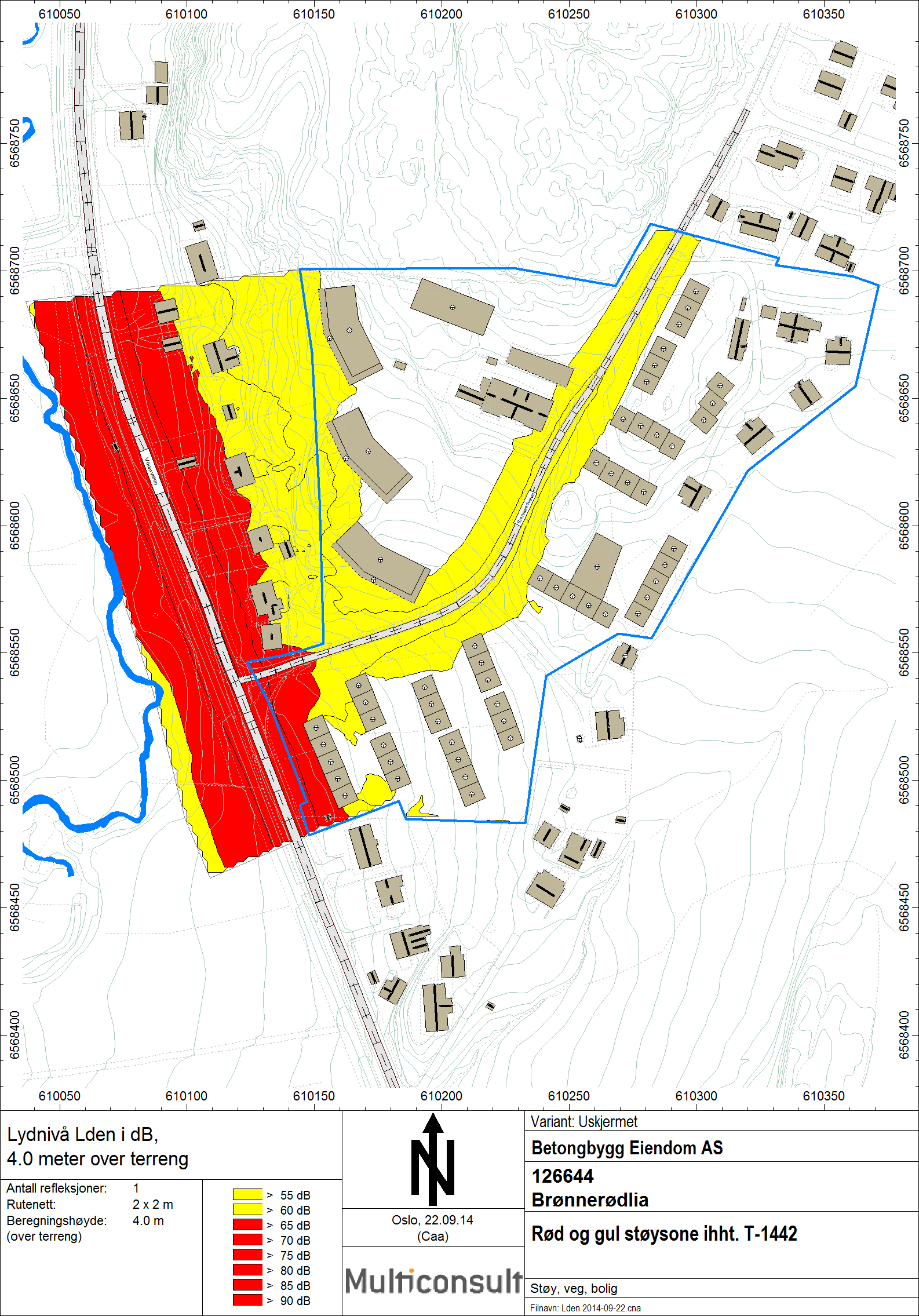 4.2 Beregningsresultater 4.2.1 Støysoner, uskjermet situasjon Figur 3 viser soneinndeling for planområdet ihht. T-1442.