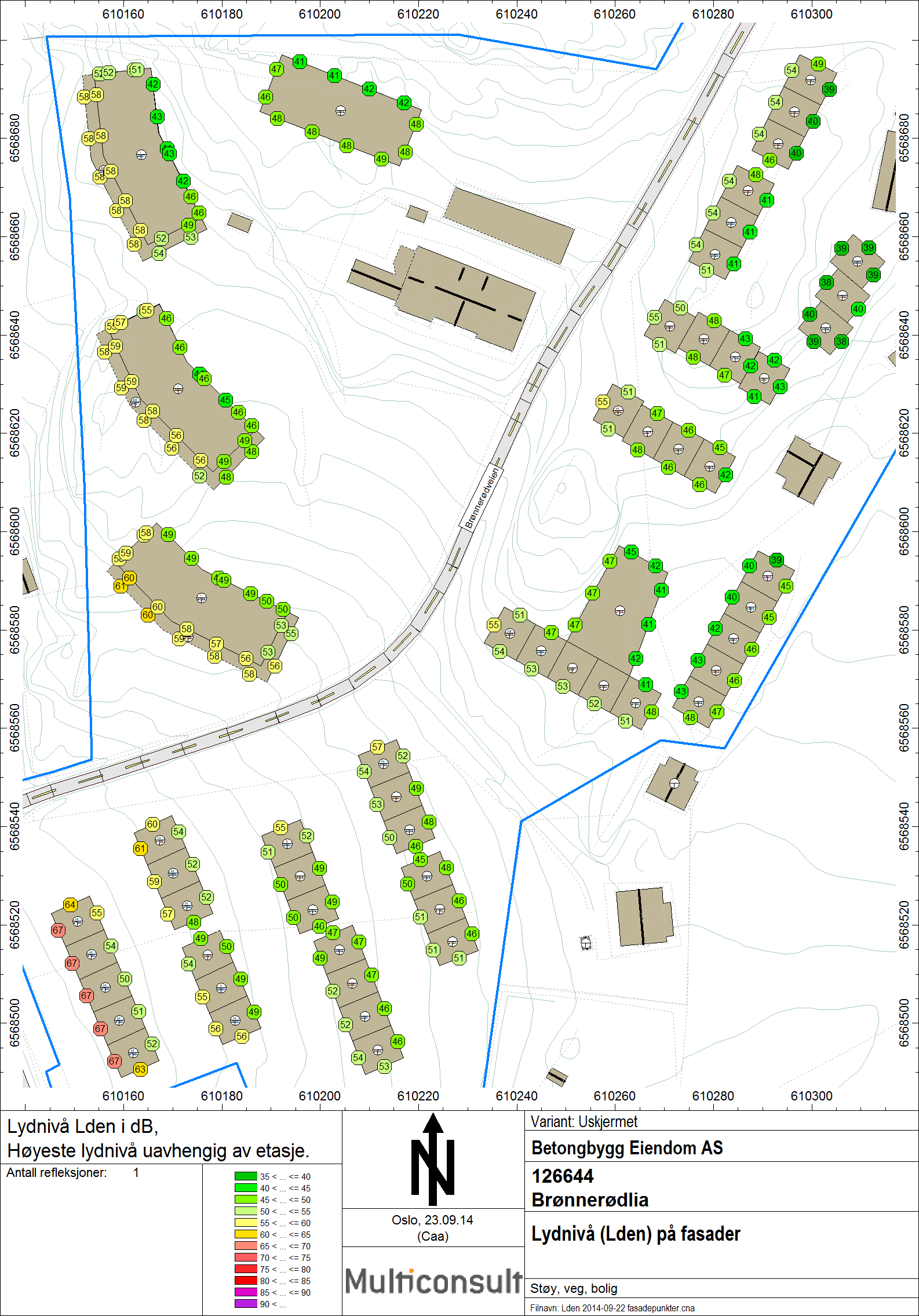 4.2.3 Lydnivå på fasader, uskjermet situasjon Figur 5 viser beregnet lydnivå (L den ) på fasader for de planlagte byggene. Figur 5: Beregnet lydnivå (L den ) på fasader.