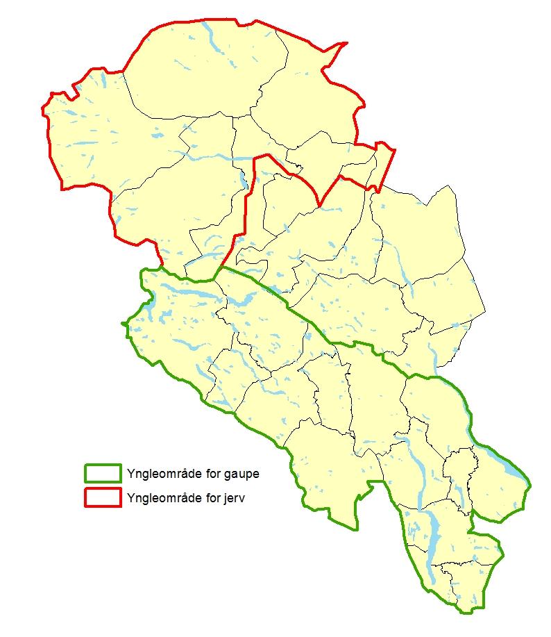 5.3 Rovvilt I forvaltningsplanen for rovvilt i region 3 (Oppland) er det fastsatt soner for å ivareta bestandsmålene på fire årlige ynglinger av jerv og fem årlige ynglinger av gaupe.