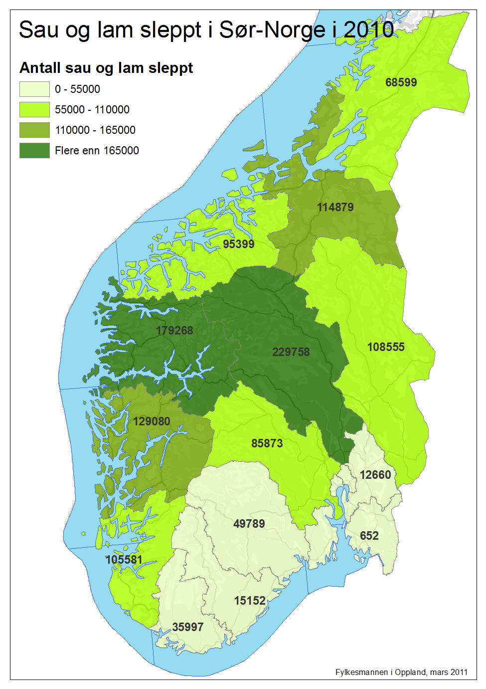 4. Fakta om utmarksbeite i Oppland 4.1 Antall dyr på utmarksbeite Oppland er det største utmarksfylket i Norge når det gjelder antall dyr på utmarksbeite (bortsett fra tamrein nord i landet).