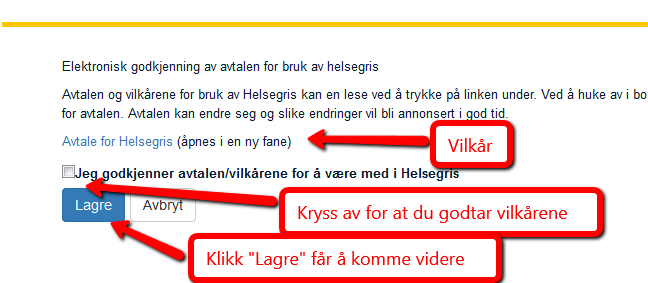 2. Godta vilkårene for å bruke Helsegris Første gang en tar i bruk Helsegris må en godkjenne vilkårene for