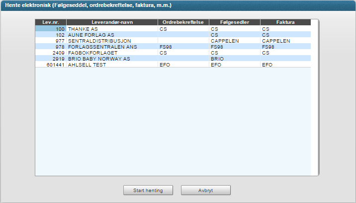 Page 7 of 7 Du stiller deg på den aktuelle leverandør og bruker knappen «Start henting».