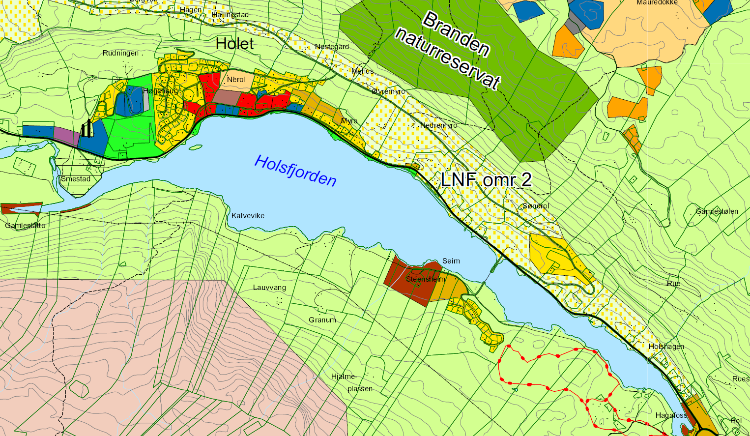 Grønli boligfelt - Planbeskrivelse 6 2 PLANOMRÅDET, EKSISTERENDE FORHOLD 2.1 Beliggenhet og størrelse Planområdet har en størrelse på ca. 55 daa og ligger sør for Holsfjorden mellom Hagafoss og Hol.