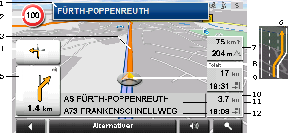 Ruten blir evt. beregnet på nytt hvis du vil vise en planlagt rute eller en rute du har hentet. Din nåværende posisjon blir startpunkt. Navigasjonen går først til det først oppgitte rutepunktet.