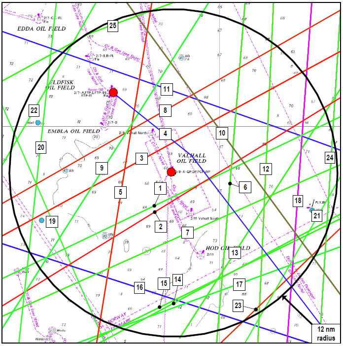 Figur 5-14. Plot av 25 identifiserte hoved-skipsruter som passerer innenfor 12 nautiske mil av Valhallfeltet (Safetec, 2011).