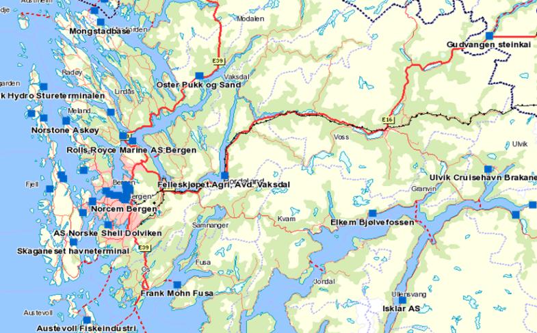 Figur 16: Oversikt over ISPS godkjende hamnar i Bergensområdet og Hardanger, som døme på fragmentert hamnestruktur.