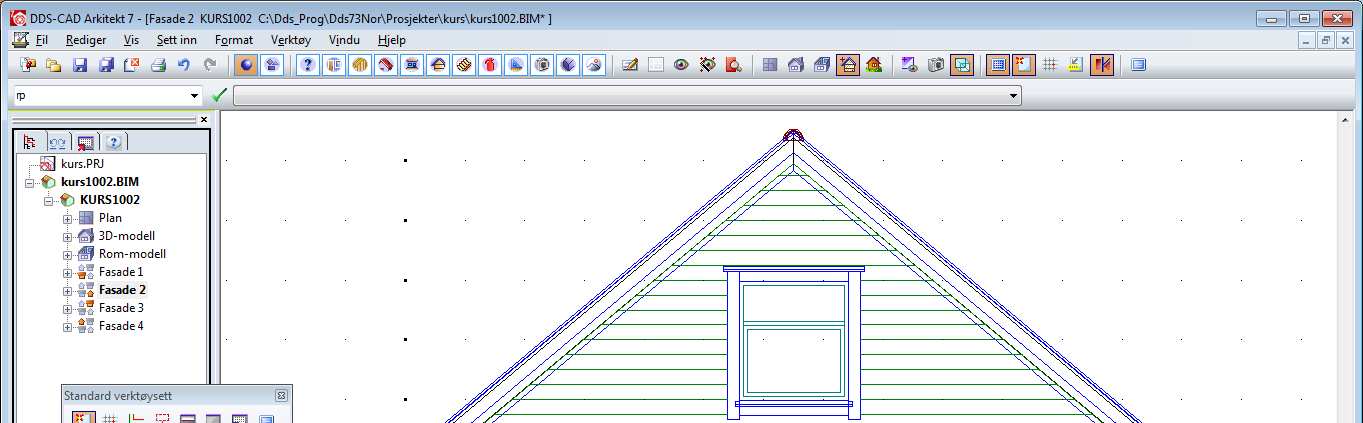 12... Kapittel 4 30.01.2012 DDS-CAD Arkitekt innføring i versjon 7 Kontroller at vegg og gulv er koblet korrekt ved å sjekke fasader. Dette kan velges fra det vertikale listefeltet.