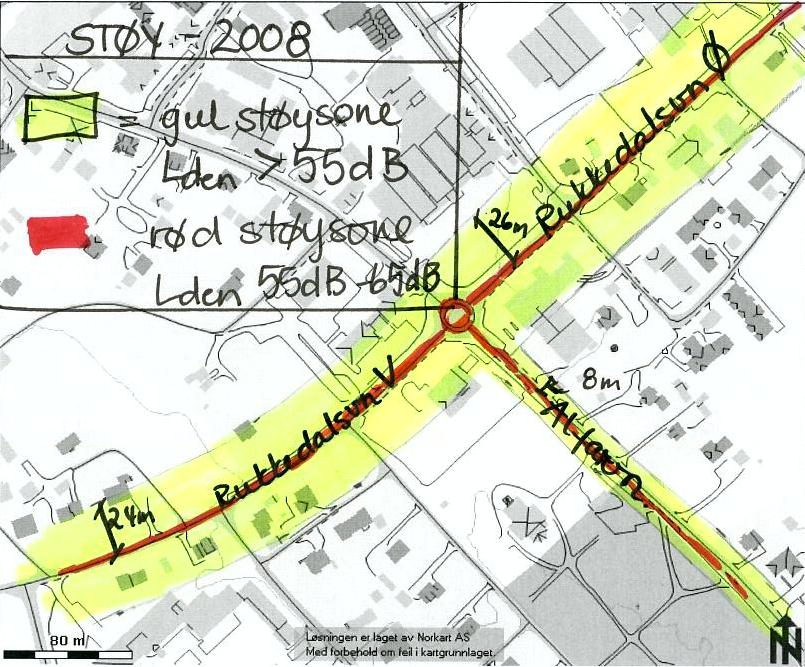 Kommuneplan Nes og KDP Nesbyen,trafikk- og støyanalyse 25 STØY 2008 Gul støysone, Lden 55 65 db Rød støysone, Lden > 65 db Figur 4-3: Prinsipp for støysonekart langs Rukkedalsveien og Alfarveien i