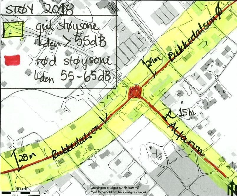 Kommuneplan Nes og KDP Nesbyen,trafikk- og støyanalyse 26 STØY 2018 Gul støysone, Lden 55 65 db R Rød støysone, Lden > 65 db Figur 4-4: Prinsipp for støysonekart langs Rukkedalsveien og Alfarveien i