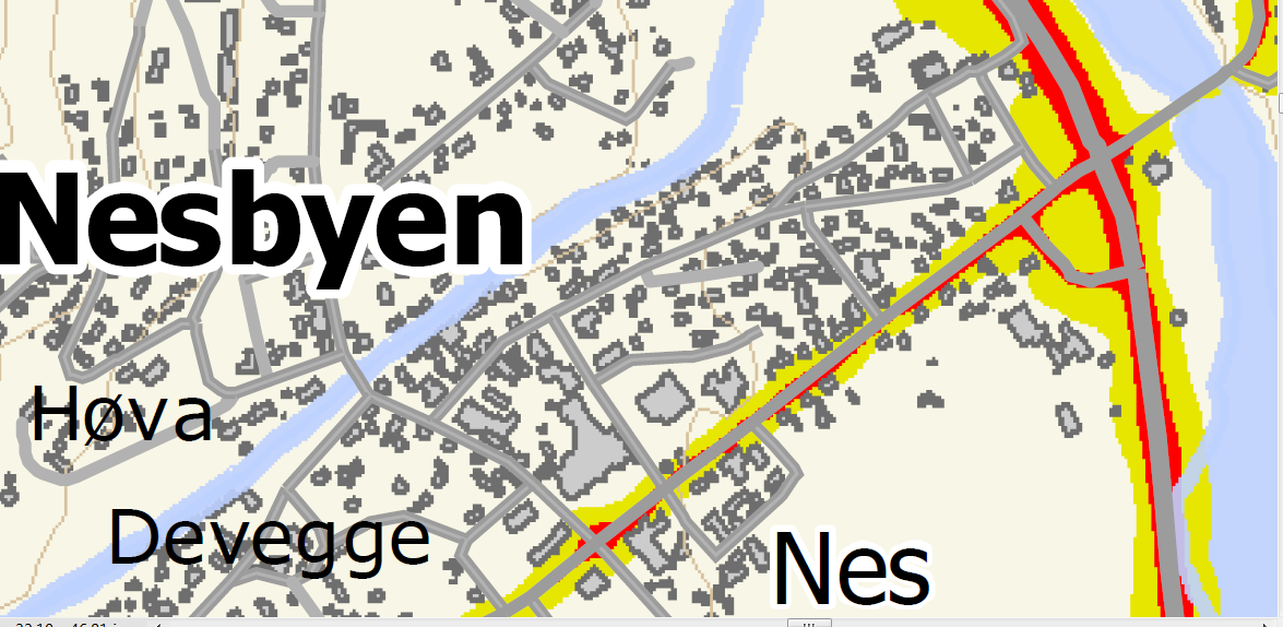 Kommuneplan Nes og KDP Nesbyen,trafikk- og støyanalyse 27 Figur 4-5: Utsnitt fra støysonekart i henhold til T-1442, Nes kommune. Utarbeidet av Statens vegvesen, sept 2011.