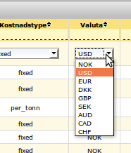 Valutaen for generiske faktorer velges fra nedtrekksmenyen Valuta som inneholder en predefinert liste med valutakoder: For å legge