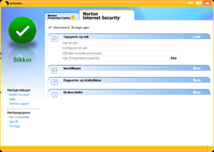 Komme i gang Utforske hovedvinduet 9 Se Starte Norton Internet Security på side 7. Slik utforsker du hovedvinduet: 1 Start Norton Internet Security.