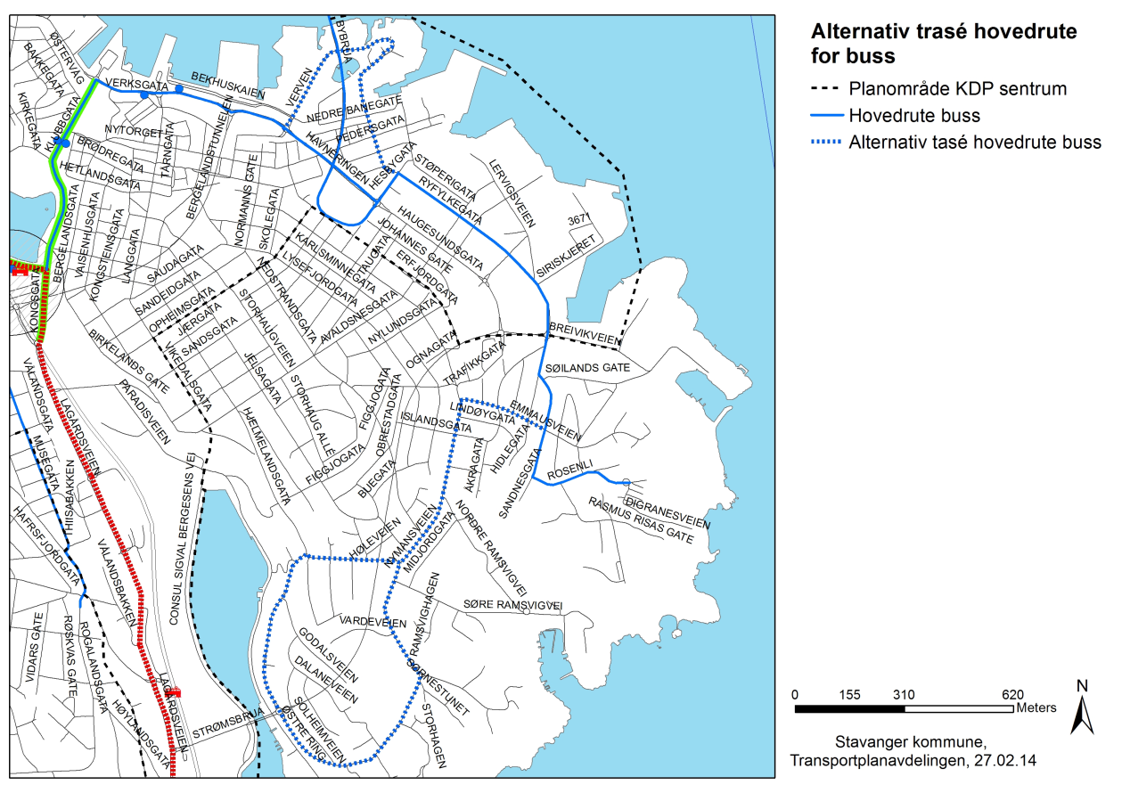 Traséene som sammenlignes er: Eksiterende trasé (1) fra krysset Havneringen / Verven til krysset Hesbygata / Ryfylkegata Ny trasé (2) rundt Badedammen mellom kryss Havneringen / Verven og kryss