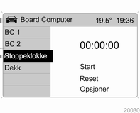 Instrumenter og betjeningselementer 101 Nullstille kjørecomputerinformasjon Stoppeklokke Velg BC 1 eller BC 2 fra kjørecomputermenyen.