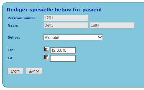 For å legge til et spesielt behov på pasienten, må brukeren trykke på «Legg til nytt behov».