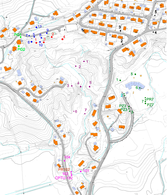 Kartutsnitt som viser nedre del av reguleringsplan for Svalia Kartutsnitt som viser tidligere grunnundersøkelser i området Ubebygde tomter i opparbeidet felt, markert med rød stjerne.