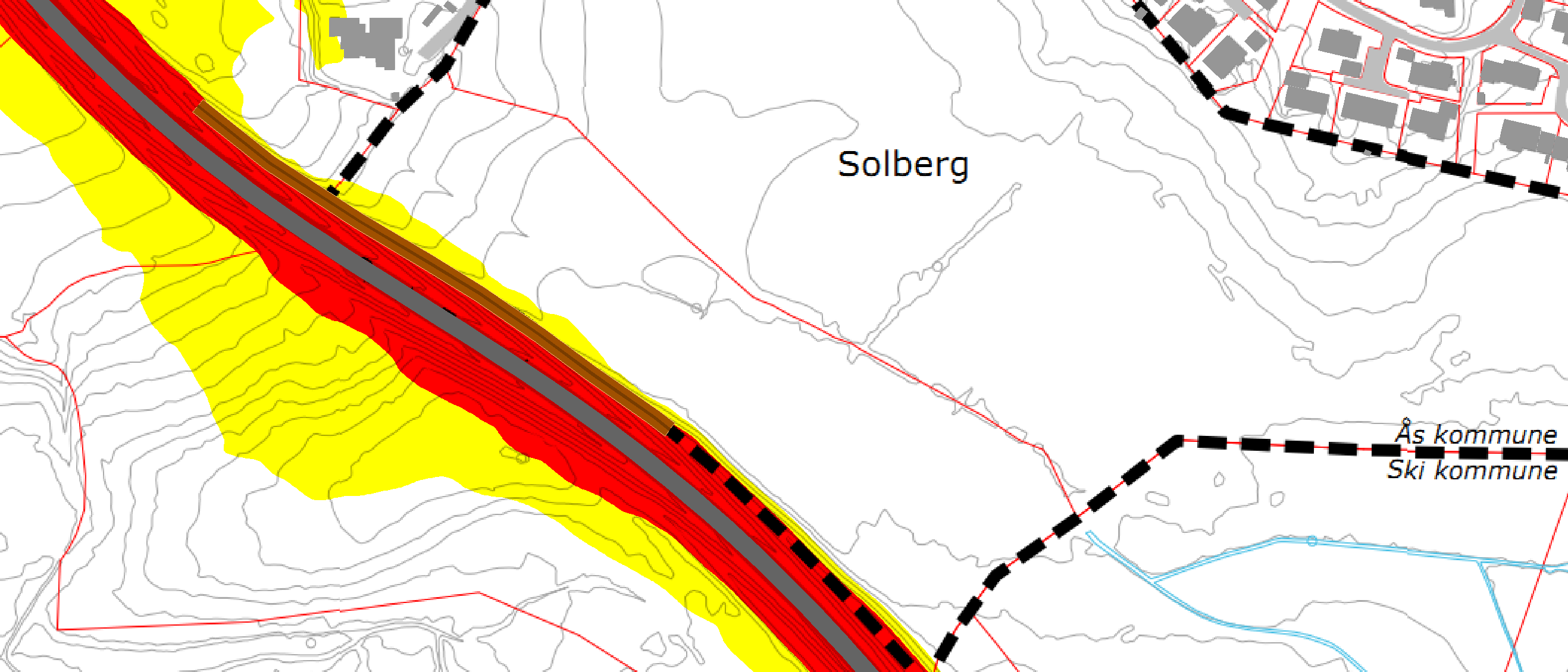 16 (29) ROS-ANALYSE Figur 10: Beregnet støysonekart for år 2025 med 2,0 m støyvoll som tiltak, beregningshøyde = 1,8m.