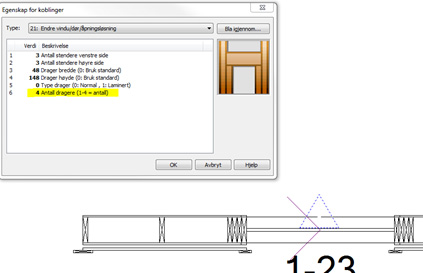 Eksempeltegning Vegg (element/precut) - Fritt spesifisert kobling i 1 punkt endre vindu/dør