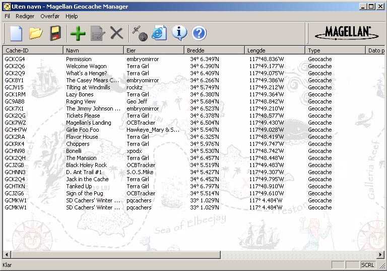 Magellan Geocache Manager 78 Arbeid med Geocachefiler Dette er et bilde av en eksempelgeocachefil med en liste med geocachepunkter.