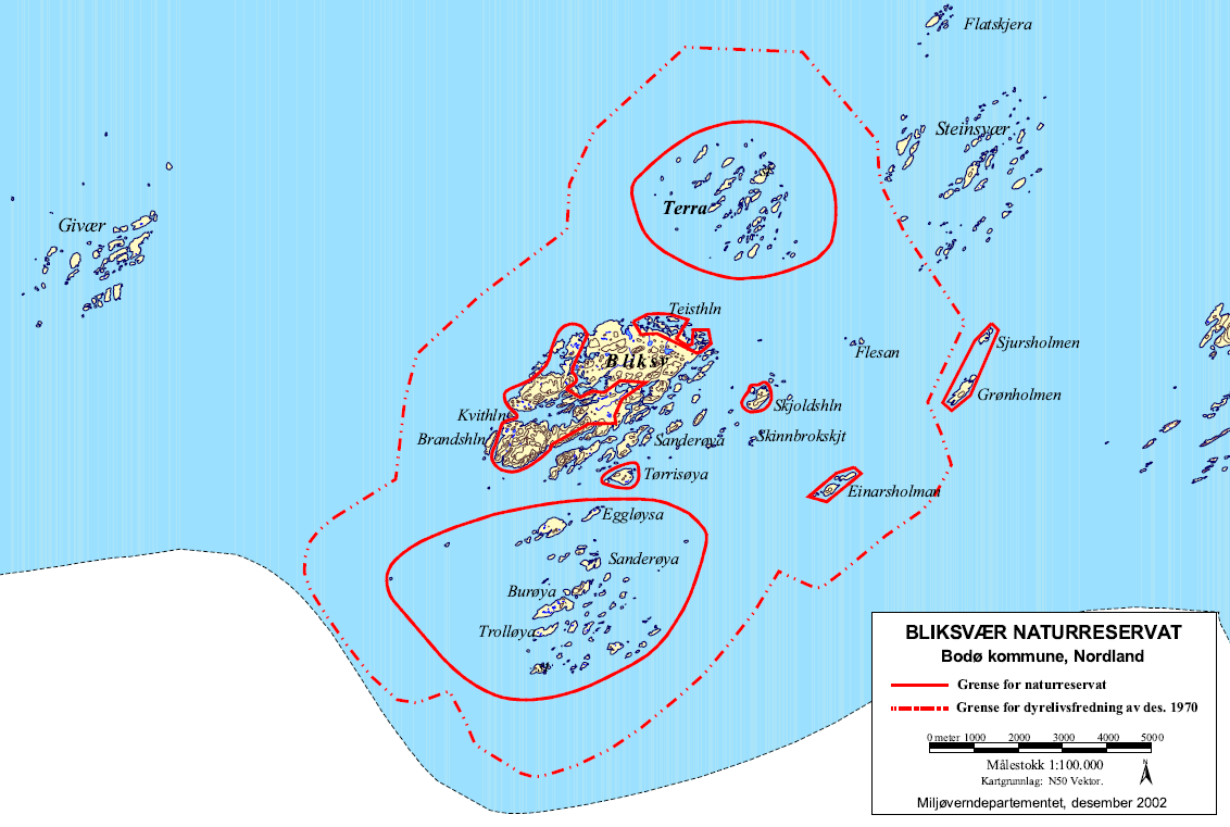 1 Innledning Forskrift om fredning av Bliksvær naturreservat i Bodø kommune ble fastsatt ved kongelig resolusjon 4. desember 1970, og endret 6. desember 2002.