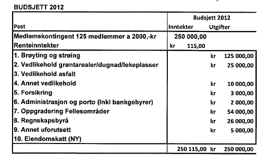 Sak 7. Budsjett 2012 Budsjett enstemmig vedtatt med kommentar på to korrigeringer av postendringer på grøntvedlikehold. Sak 8.