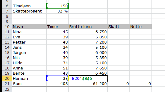 Her har vi én felles timelønn, og forskjellig antall timer.