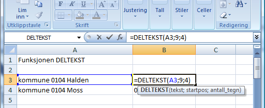 Hente ut innhold fra midt i en tekststreng I tillegg til funksjonene HØYRE og VENSTRE har vi funksjonen DELTEKST (eng.: MID)som gjør oss i stand til å plukke ut innhold fra inne i en tekststreng.