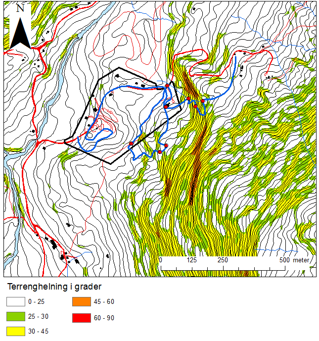 Detaljreguleringsplan Fagnastøl Camping og hyttefelt - Skredfarevurdering 9 Moldalii Figur 2 Det vurderte området med beregnet terrenghelning. Reguleringsplanområdet er markert med svart omriss.