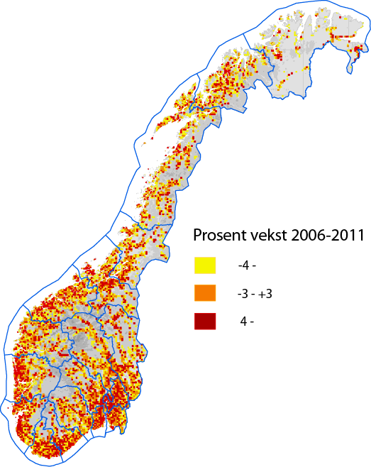 Befolkningsvekst 2006 2011, 5 km ruter Kilde: