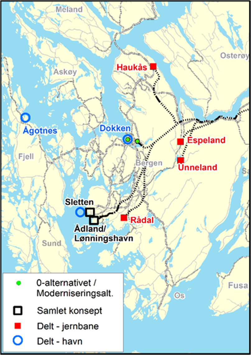 Hovedrapport KVU Logistikknutepunkt i Bergensregionen Etter silingene står man igjen med følgende alternativer: Konsept Lokalisering 0 alternativet Dokken og Nygårdstangen Moderniserings konseptet