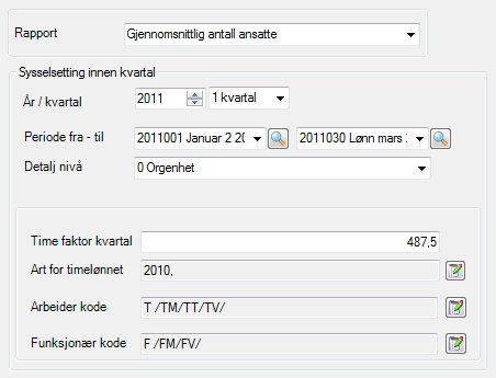 Sysselsettingsstatistikk Gjennomsnittlig antall ansatte i kvartalet Finner under menypunkt Rapportering Andre rapporter. Rapporten viser gjennomsnittlig antall ansatte i kvartalet og hittil i år.