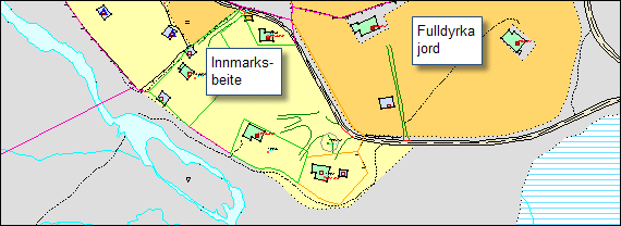 Figur 3 Landbruk Hytten ligger på setervoll, benyttet som innmarksbeite samt ca. 50 meter fra fulldyrka jord (fig.2). Videre ligger hytten ca. 15 meter fra åpen fastmark. I h.h.t. til Naturbase, ligger området ikke i regionalt eller nasjonalt viktig kulturlandskap.