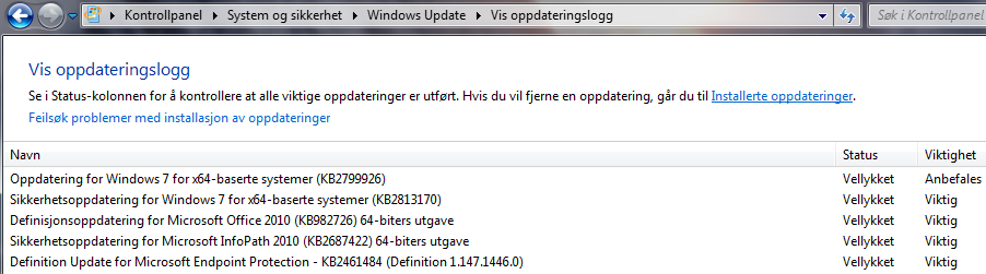 E. Hvordan nedgradere fra Internet Explorer (IE) 10 til IE 9 1. Gå til Windows Update i startmenyen 2. Klikk på «Vis oppdateringslogg» 3.