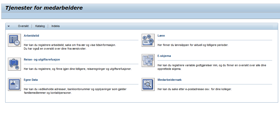 6. Du vil se dette bildet når du har logget deg inn Dette er et oversiktsbilde over alle funksjonaliteter som finnes i portalen: Arbeidstid (Benyttes ikke av oss) Reise- og utgiftsrefusjoner