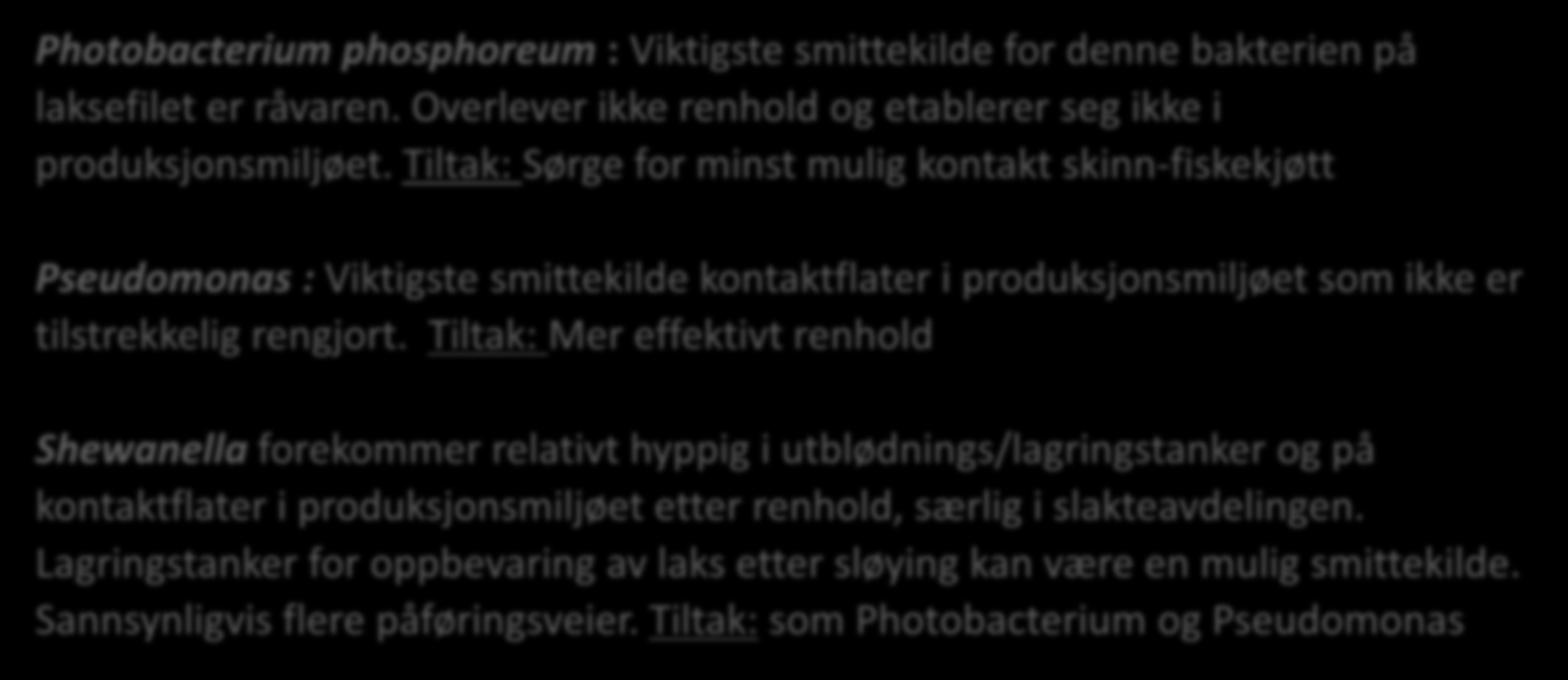 Viktigste tilførselskilder for kvalitetsreduserende bakterier: Photobacterium phosphoreum : Viktigste smittekilde for denne bakterien på laksefilet er råvaren.