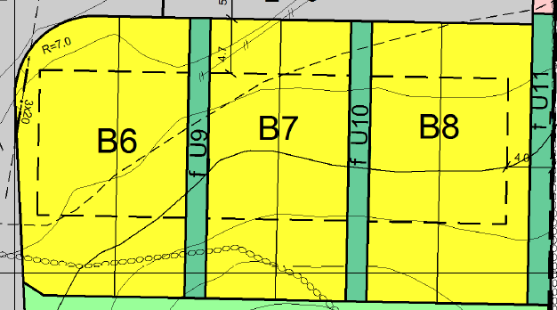 Figur 26 Fasade mot nord/tunet B6, B7 og B8 Antall enheter: 6 BRA bolig (innvendig yttervegg): 129,2 m2 + 5,0 m2 bod Antall soverom: 3-4