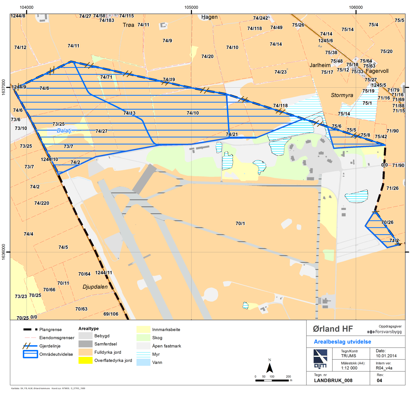 Figur 8-4 Dyrkingsressurser og arealbeslag i nord Inne på basen er det behov for nedbygging av ca. 1000 daa av dyrkbart areal for etablering av kampflybasen.